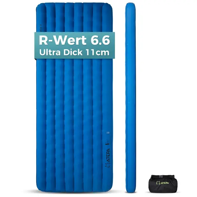 ATEPA ThermAir Pro Isomatte Ultraleicht für Camping & Backpacking, 6.6 R-Wert Isolierte Luftmatte mit 7 Kammern, Kompakte Camping Matte mit Tragetasche, Extra Groß & Breit (198x68 cm)