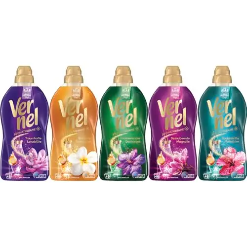 VERNEL Weichspüler Aromatherapie-Set 5x 46 Waschladungen (230WL) 1x Traumhafte Lotusblüte 1x Zauberhafte Malediven, 1x Sinnliche Frangipani, 1x Faszinierender Dschungel, 1x Bezaubernde Magnolie
