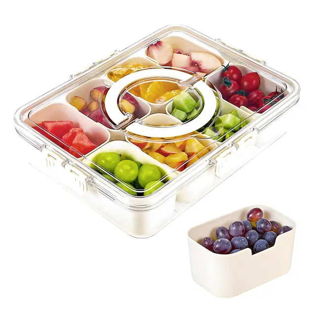 Snackbox Mit FäChern, Snackteller Mit 8 FäChern und Griff Wiederverwendbar Snackdose Tragbar Snackboxen FüR SüßIgkeiten Obst Keksen Dessert GemüSe NüSse (8 FäChern)