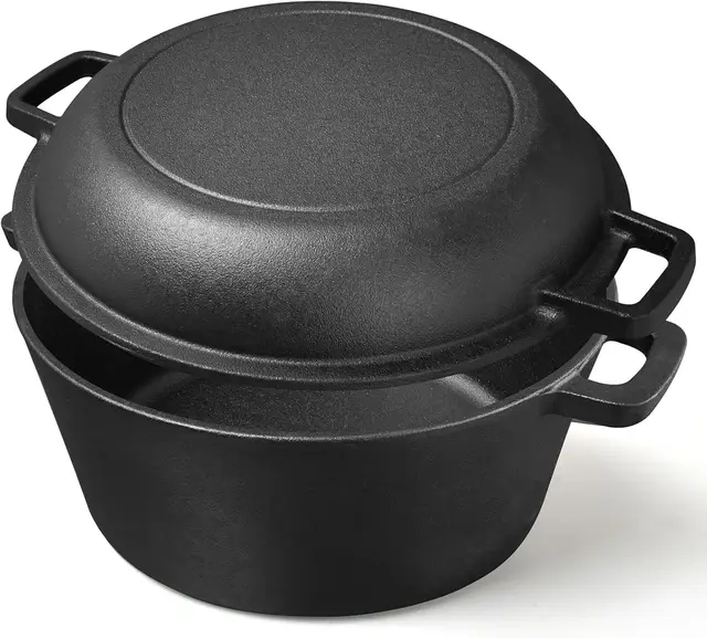 Gusseisener Topf 4,5 Liter All-in-One Deckel als Pfanne, ideal für Brotbacken, Eintopf & Schmortopf – Kompatibel mit Induktion, Gas, Camping, Feuer, BBQ & Grill (26CM)
