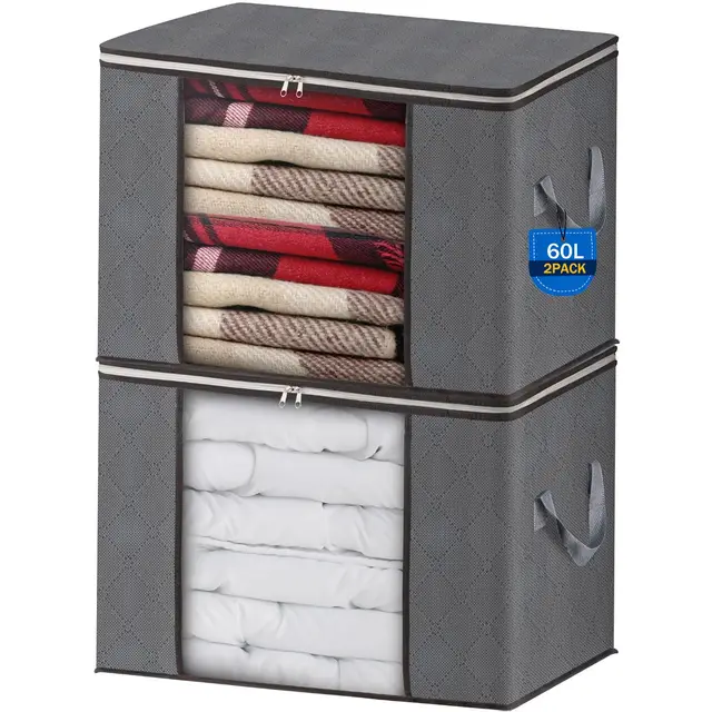 AIOR 2 Stück 60L Groß Aufbewahrungstasche, Faltbare Unterbett Kleideraufbewahrung Schrank Organizer Set, für Bettwäsche, Kleidung, Decken, Kissen Quilt Saison Artikel Lagerung, 55x35x32cm