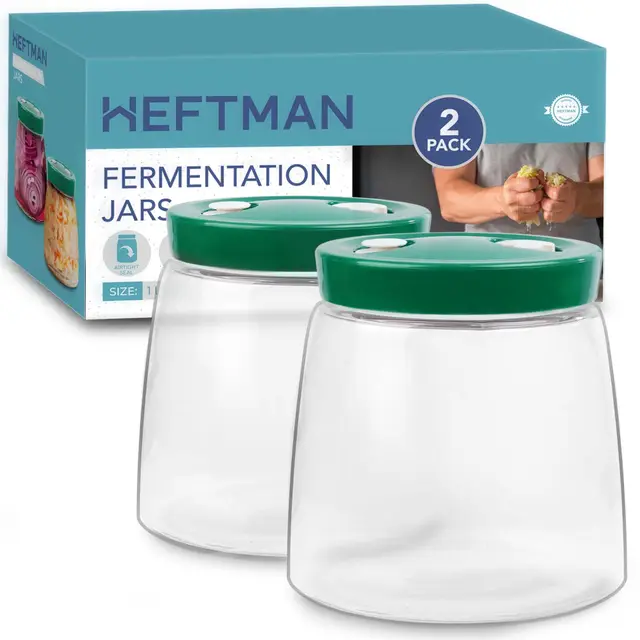 HEFTMAN Gärglas mit 1-Wege-Luftablassöffnung - Gärgläser 2 Stück (Grün) | 1 Liter 2er-Pack Lebensmittelecht Fermentierglas für Kefir, Kimchi, Sauerkraut, Sauerteigstarter, Overnight Oats