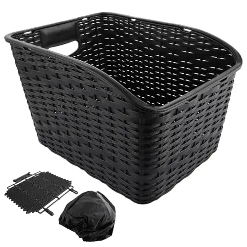 DAJAVE Unisex Fahrradkorb Hinten Groß 27L Weave Kunststoffgeflecht Wetterfest Rostet Nicht, Fahrradkorb Hinten auf Gepäckträger inkl, Transport von Gepäck Stabiles, wasserdichte Abdeckung