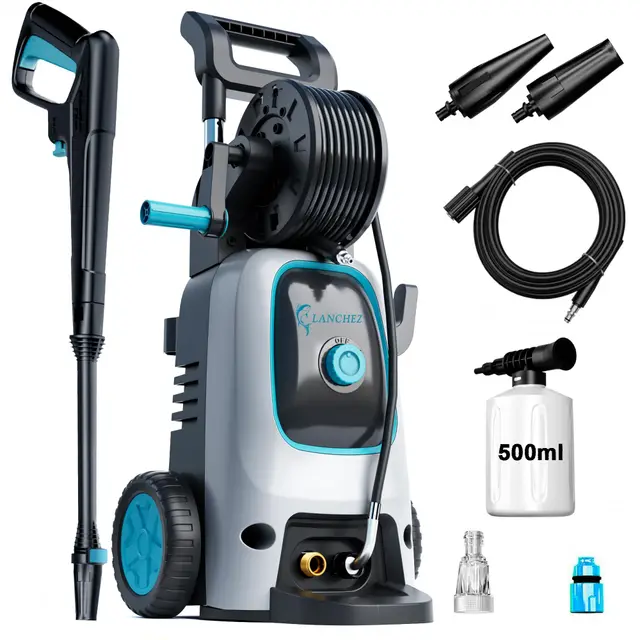 LANCHEZ Hochdruckreiniger 600 l/h 200bar, 7-in-1-Zubehör Kit 500ml Schaumsprüher, Schnellkupplungen, Schnellanschlussdüsen, Terrassenbürste für Auto, Terrasse, Blau