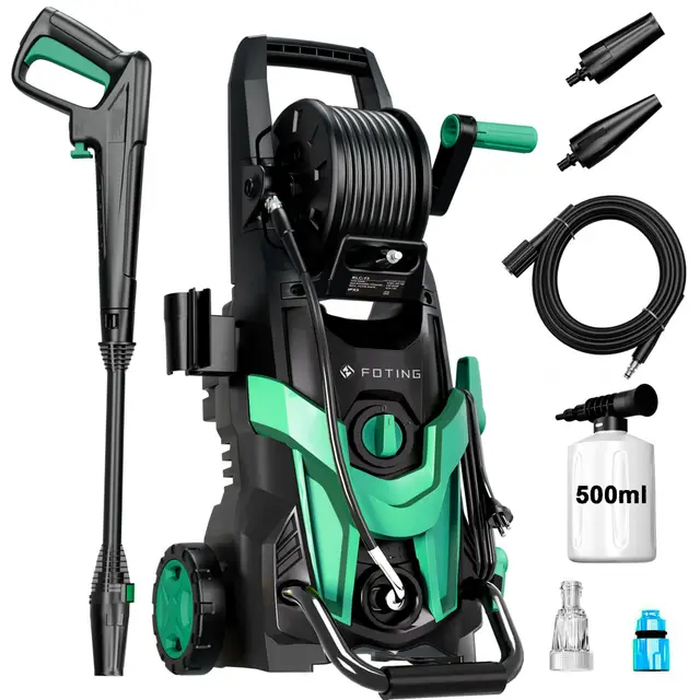 2026New Hochdruckreiniger, Druck max 180 bar, 6-in-1-Düse, Fördermenge: 420 l/h, Flächenleistung: 50 m²/h, mit 7 m Hochdruckschlauch und Reinigungsmittelbehälter 500 ml, für Auto, Terrasse und Garten