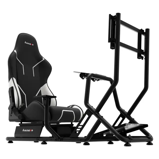 huzaro Speed 6.0 SIM Racing Cockpit mit Monitorhalterung bis 50 Zoll – Ergonomischer Rennsitz – Stabiler Stahlrahmen für Lenkrad Pedale und Schalthebel – Handschuhe im Lieferumfang – Schwarz
