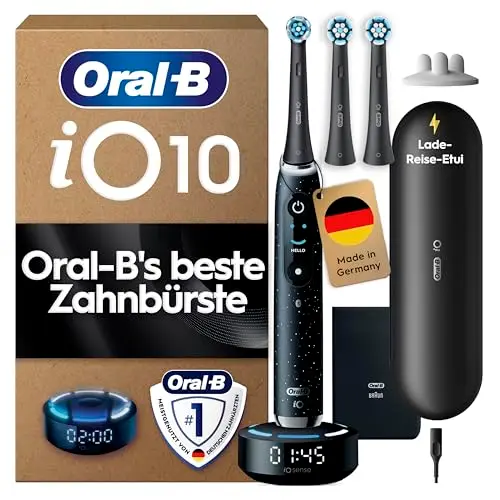 Oral-B iO Series 10 Elektrische Zahnbürste — Electric Toothbrush, Inkl. 3 Aufsteckbürsten, iOSense, Lade-Reise-Etui — 7 Putzmodi für Zahnpflege, Zahnbürste Elektrisch, Designed by Braun, Schwarz