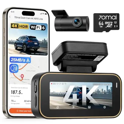 70mai A810 Lite Dashcam Vorne Hinten, 4K Dashcam 2160P+1080P mit 64GB Karte, 24H Parküberwachung, 4G LTE Fernzugriff unterstützt, Notfall-Voraufzeichnung, G-Sensor, Nachtsicht HDR, F1.55, 5GHz WiFi