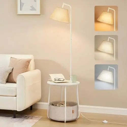 VASAGLE LILEA Kollektion - Beistelltisch mit Lampe, 3-in-1, Stehlampe mit Tisch und Korb aus Stoff, für Wohnzimmer, LED-Glühbirne, Licht und Lampenschirm einstellbar, Stahlrahmen, mattweiß LFL004WC04