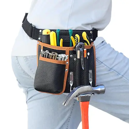 Werkzeuggürtel Herren, Echtes Leder Werkzeug Gürteltasche, Mit verstellbarem Hüftgurt, Werkzeugtasche mit Hammerhalter für Tischler, Gärtner, Rahmenbauer, Dachdecker, Handwerker