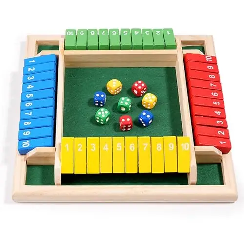 Shut The Box Spiel, Klappbrett Spiel Würfelspiel aus Holz 2-4 Spieler Familie Holzbrett Tisch Klassisches Holz Brettspiel mit 8 Würfe Mathematik Lernspielzeug, für Party Kneipe (Vierfarbig)