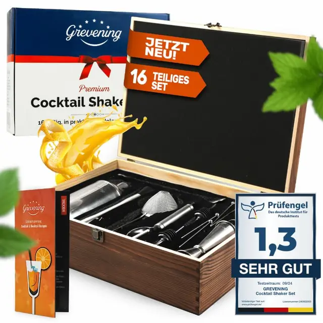 Cocktail Set Cocktail Shaker aus Edelstahl Shaker 16-teiliges Cocktail Zubehör in praktischer edler Holzkiste Cocktail Shaker Set Barkeeper Set für Anfänger und Profis Cocktail Mix Set