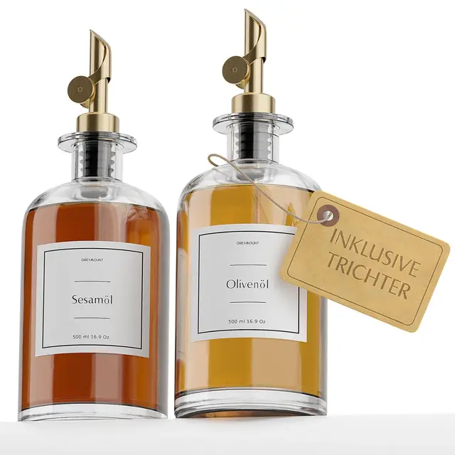 Ölspender Set - 2er Pack 500ml Ölflasche aus Glas mit Ausgießer Gold für Olivenöl, Essig und mehr | Auslaufsicher und Tropffrei | Inklusive 27 Etiketten und Trichter