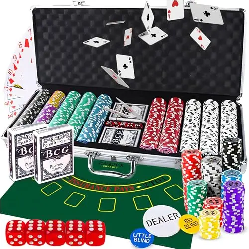 Retoo Pokerkoffer Set 500 Chips im Aluminiumkoffer – Komplettes Pokerset mit 2 Spielkartendecks, 5 Würfeln, 3 Dealer Buttons – Perfekt für Texas Hold’em, Blackjack & Casinoabende