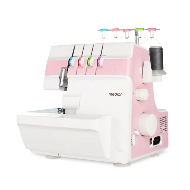 MEDION Overlock Nähmaschine SO90 (elektrisch, 90 Watt, LED Licht, mit einem Arbeitsgang schneiden, umfangreiches Zubehör, MD19169) rosa