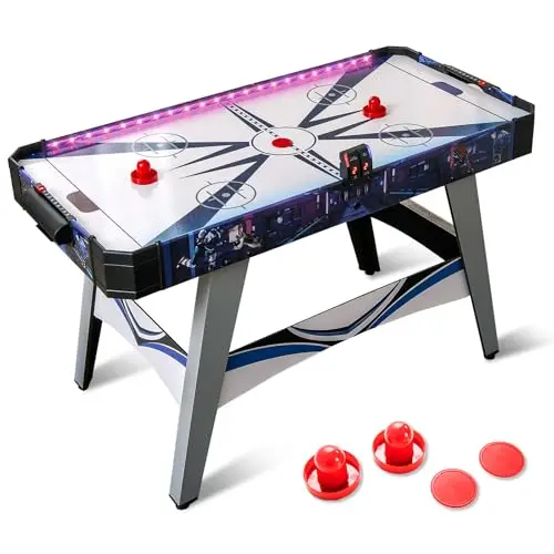 DREAMADE 137 cm Airhockey Tisch, Air Hockey Spieltisch mit LED-Lichtern, 2 Schiebern & 2 Pucks, Airhockeytisch mit 12V Motor & LED-Anzeigetafel für Spielzimmer, Zuhause & Büro, 137 x 65 x 86 cm