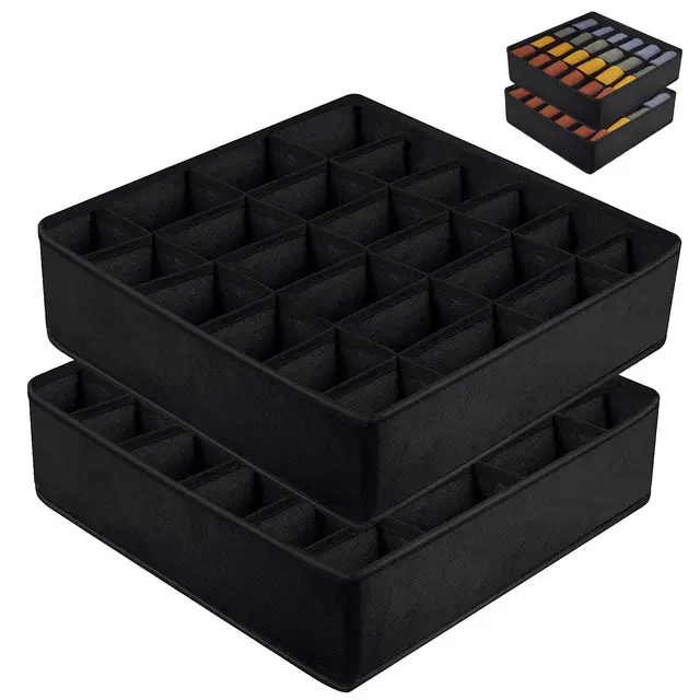 Aufbewahrungsboxen für Socken und Unterwäsche, 2 Stück 24 Zellen Faltbare Boxen Schubladen Organizer Stoffboxen Ordnungssystem Kleiderschrank zum Home Schlafsaal (Schwarz)
