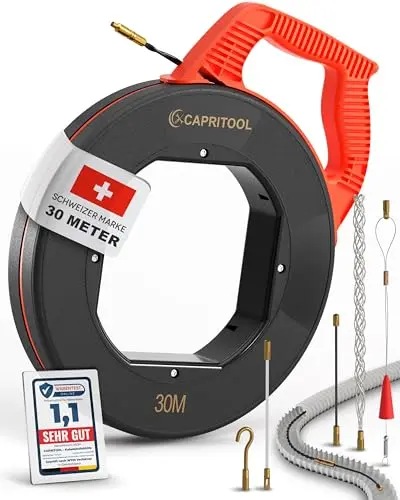 Kabeleinziehhilfe 30m – Flexible Einziehfeder und Zugdraht für Leerrohre – Kabelziehhilfe inkl. 5 Adapter – Langlebige Kabel Einzugshilfe für Elektroarbeiten – Hochwertige Einziehspirale