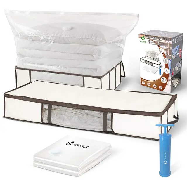 VOUNOT® 2 Stück Unterbett Aufbewahrungstasche mit Vakuumbeutel, Vakuum Aufbewahrungstasche mit Sichtfenster, Pumpe und Reißverschluss, für Bettdecken, Kleidung, Bettwäsche