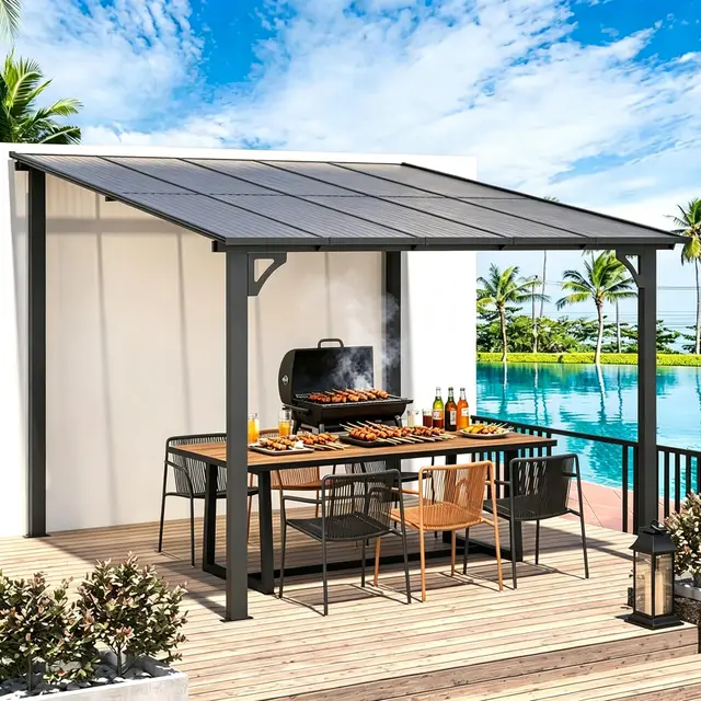 UNIONLINE 3x3m Wandgestellter Gartenpavillon – Markdown! Metall Pavillon für Terrasse, Veranda, Hinterhof, Schwarz, PVC-Dach