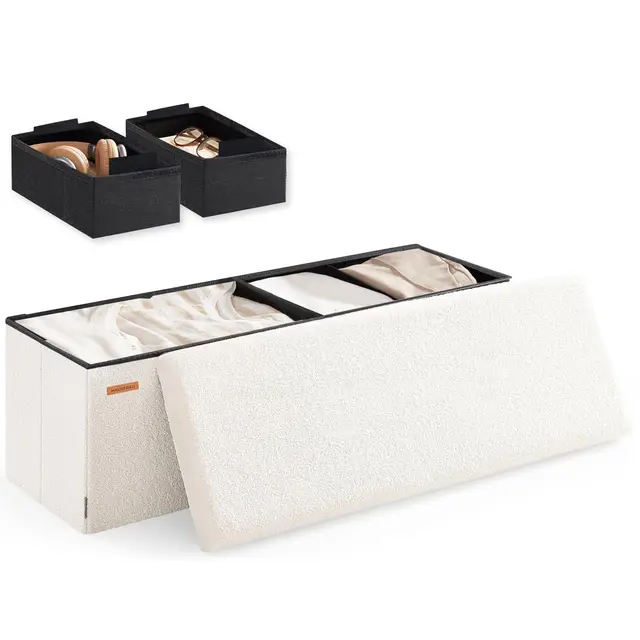 HAUSFRAU Sitzhocker mit Stauraum Sitzbank Hocker klappbar Aufbewahrungsbox, bis 300 kg belastbar, Fußbank für Wohnzimmer Schlafzimmer Flur, 110x38x38 cm, Fleece Cremeweiß