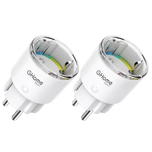 GHome Smart Steckdose mit Strommessung, Mini Wlan Steckdose kompatibel mit Alexa/Google Home, App Fernbedienung, Sprachsteuerung,Zeitplan, 10A,Nur 2,4GHz, TÜV-Zertifiziert (2 Packs)