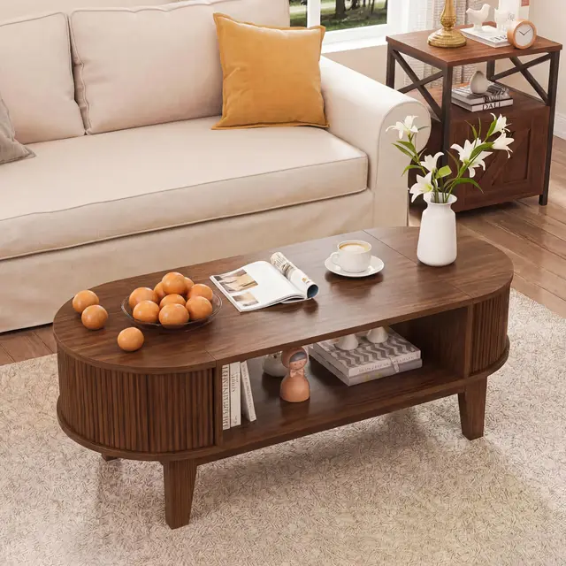 Couchtisch Holz mit Stauraum, Moderner oval Wohnzimmertisch mit Staufächern & 2 Klappdeckel, Kaffeetisch Sofatisch für Wohnzimmer, 100x50x50 cm, Walnuss (Walnuss)