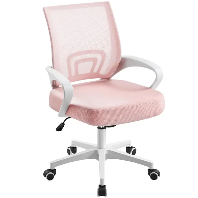 Yaheetech Bürostuhl Ergonomisch, Schreibtischstuhl mit Netzbespannung und Armlehnen, Drehstuhl aus Mesh, Chefsessel Wippfunktion, Höhenverstellbar Rückenschonend bis 136kg Belastbar, Rosa
