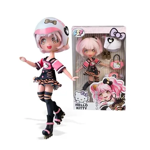 4SF - Hello Kitty Golden Diva Roller, Japanische Fashion Puppe im Rollschuh-Look, Figur von 19,5 cm mit 15 Gelenkpunkten, Inklusive Helm, Tasche, Musikzubehör und Stiefel, Famosa (HKTF1000)