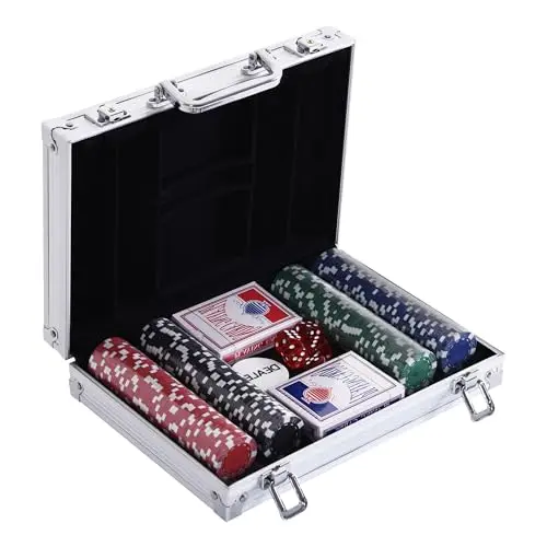 HOMCOM Pokerkoffer Pokerset 200 Pokerchips 2xKartenspiel 5xWürfel 1xAlukoffer Poker Set Jetons Koffer Alu+ Polystyrol 29,5x20,5x6,5 cm