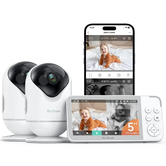 Dr.Care VistaView Smart WLAN Babyphone mit Kamera, 1080P HD, 2K Kamera, App-Steuerung, Bewegungs- & Weinen-Alarm, Nachtsicht, 5000mAh, Zwei-Wege-Audio, 390m Reichweite (5" Monitor mit 2 Kameras)