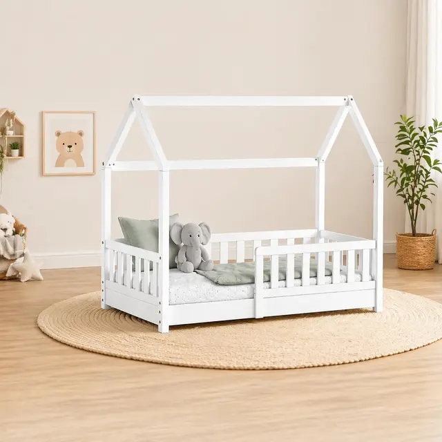Easy Act Kinderbett Haus aus Massivholz – Bodenbett mit Rausfallschutz & Lattenrost – Hausbett Kinder Holz Bettgestell für Mädchen & Jungen ab 3 Jahre (Weiß, 70 x 140 cm, ohne Matratze)