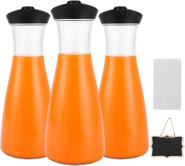 Glaskaraffe 3er Set, 1 Liter Wasserkaraffe mit Deckel, Karaffe Glas mit Deckel Glaskrug für Milch Saftgetränke Eistee Hausgemachte Getränke Tee