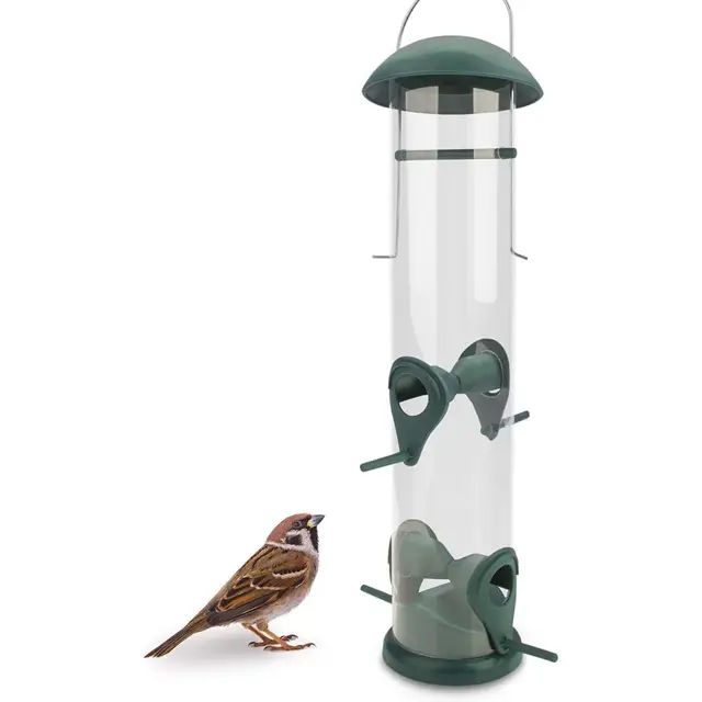WILDLIFE FRIEND I 30cm Körner Vogelfutterspender grün - mit 4 Anflugplätzen, Vogel Futterstation, Futtersäule, Körner Wildvögel Futtersilo