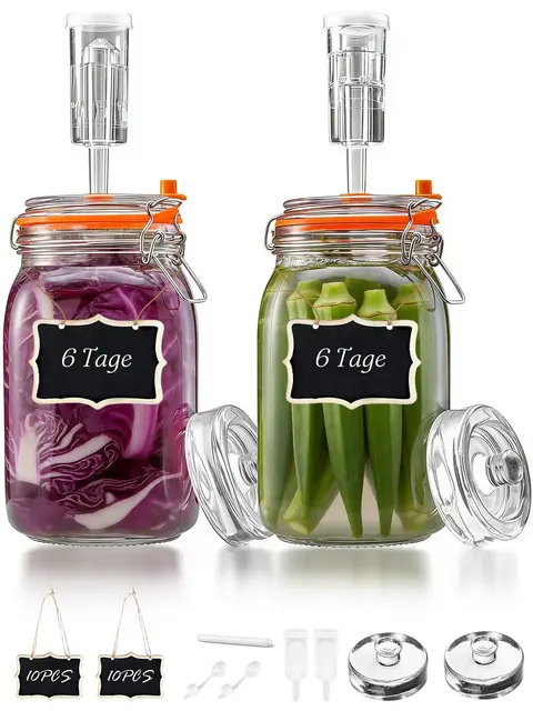 1,5L Fermentierglas, Fermentiergläser mit Gärventi & Gewicht, Kimchi Behälter Set mit Aufhängevorrichtung aus Holz und einem Abwischbaren Stift, für Sauerkraut, Kombucha, Gurken uvm (2er-Pack)