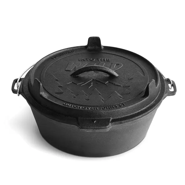 BURNHARD® Dutch Oven Pre-Seasoned, 6qt 5,6 Liter, Gusseisen Feuertopf, Schmortopf mit Deckelheber ohne Füße