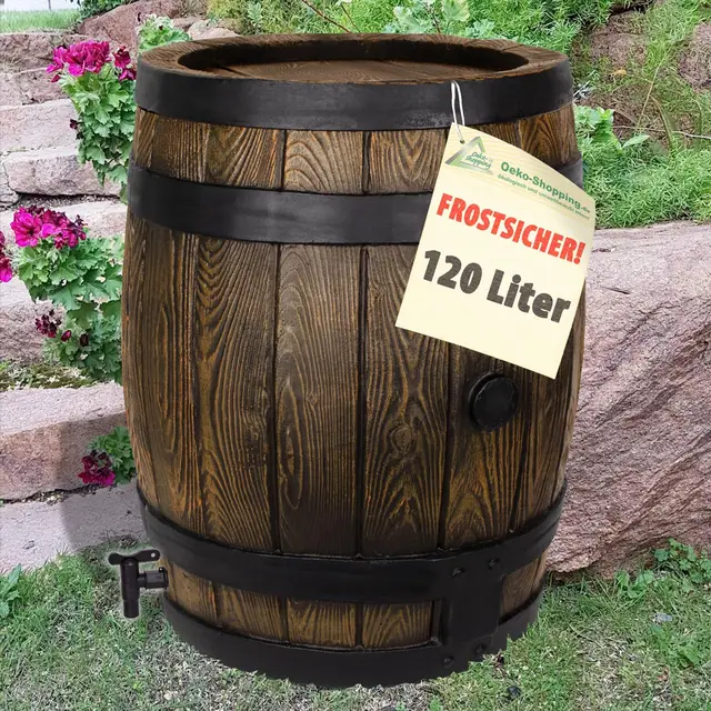 REGENTONNE REGENFASS WASSERFASS REGENWASSERBEHÄLTER REGENWASSERFASS GARTENFASS Eichenfass (120L) Braun