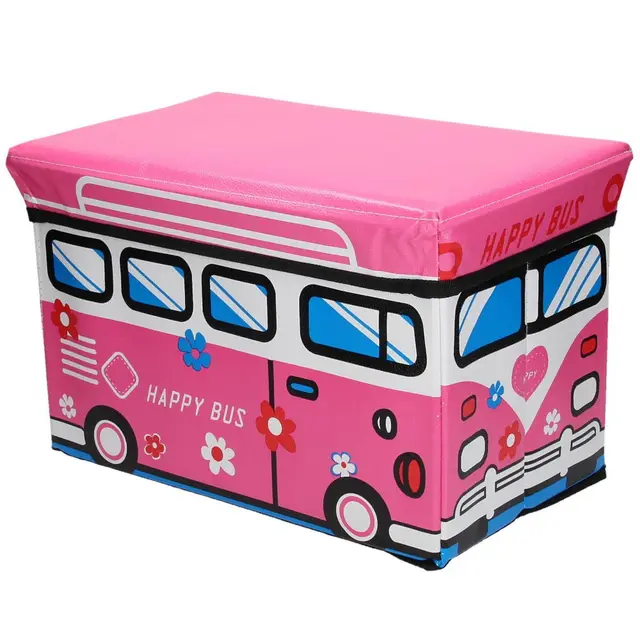 Faltbare Aufbewahrungsbox mit gepolstertem Deckel zum Verstauen und Sitzen mit fröhlichem Motiv (Happy Bus)