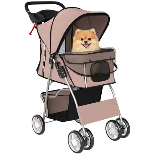 PawHut Hundewagen Hundebuggy Faltbar Katzenwagen bis 10kg mit Reflektorstreifen Aufbewahrungskorb waschbar Kissen Netzfenstern Getränkehaltern 360° drehbare Räder mit Bremse für kleine Hunde Kaffee