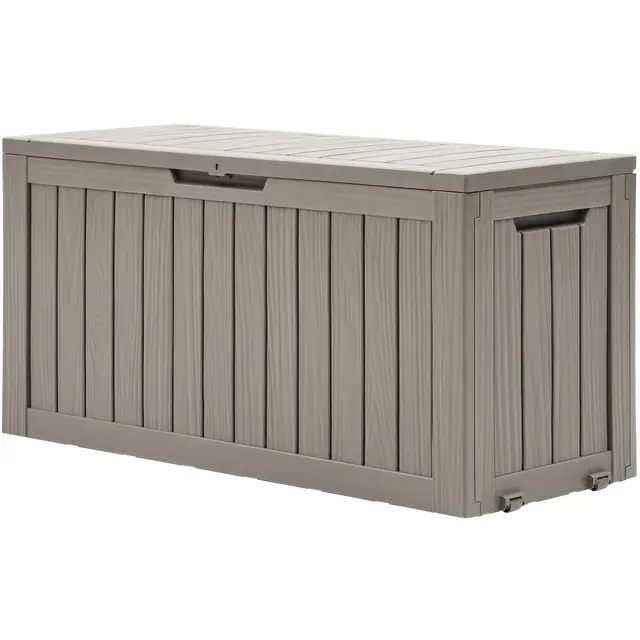 DWVO 270L Aufbewahrungsbox aus Resin mit Rollen, Wasserdichte Gartenbox für Terrassenkissen, Sportgeräte & Gartengeräte, Abschließbar, Hellbraun