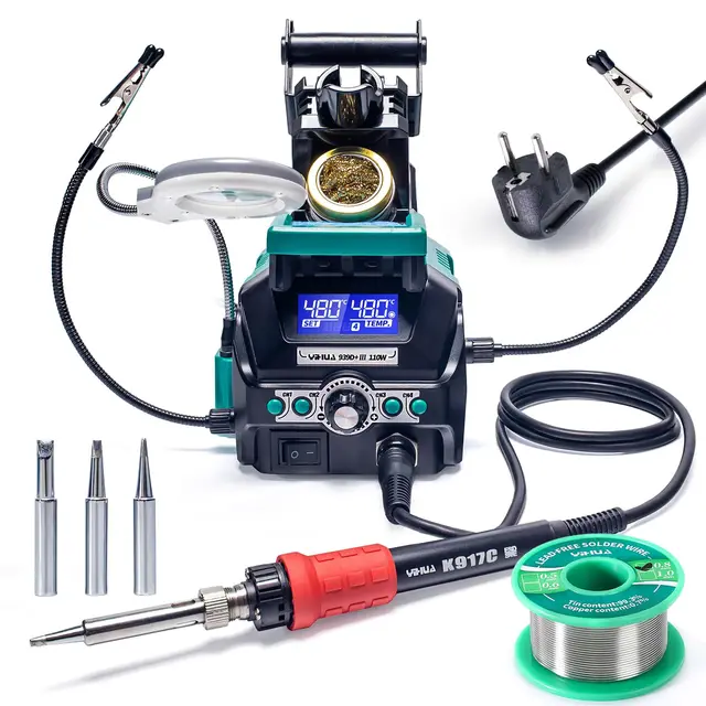YIHUA 939D+ III EVO 110W Lötstation mit 4 Speicherplätzen, Dual-LCD-Display, Ruhemodus, 2 helfenden Händen, einem LCD-Lupenobjektiv und mehr zum Löten & Entlöten(EU PLUG)