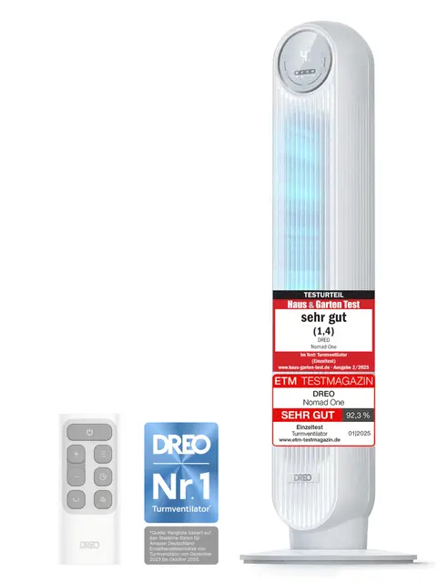 Dreo 20dB Leiser Turmventilator, 10 m Wurfweite 4 Geschwindigstufen 4 Modi 8 Std. Timer 90° oszillierende Ventilator mit Kühlung Fernbedienung für Schlafzimmer, Nomad One, Weiß