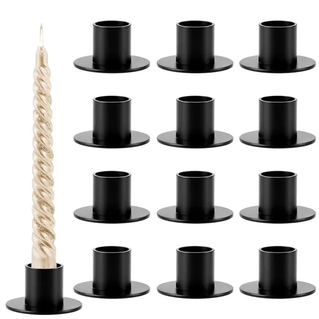 12 Stück Kerzenständer Schwarz, Kerzenhalter Stabkerze Metall Klein mit Rundem 5cm Fuß, Stabkerzenhalter für Tischdeko, Hochzeit, Advent, Dinner und Wohnzimmer