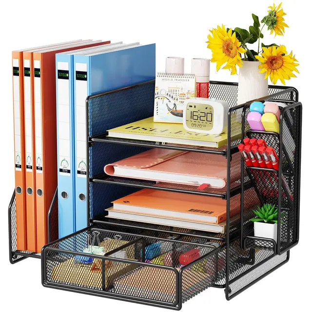 Schreibtisch Organizer mit Aktenhalter - 5-Tier Briefablage Ablagefächer mitSchublade,4 Stithalter, Schreibtisch-Aufbewahrung, Zeitschriftenhalter fürBürobedarf (schwarz)