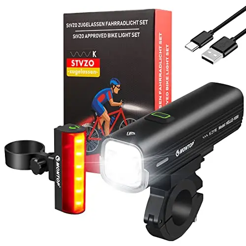 MONTOP StVZO Zugelassen Fahrradlicht Set USB Akku, LED Fahrradbeleuchtung Fahrradlampe, Bike Light Fahradbeleuchtungsset INKL. Frontlichter & Rücklicht, Fahrradlichter für Kinder und Erwachsene