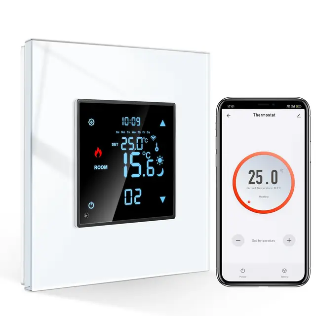 CNBINGO Smart Thermostat Unterputz mit Kristall Glasscheibe WLAN Digital Raumthermostat Kompatibel mit Alexa Echo, Google Assistant, 16Amp, Weiß