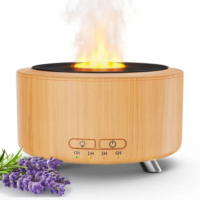 Aroma Diffuser, 500ML Flammeneffekt Raumduft Diffuser Diffusor für Büro, Raum und Yoga, Duftöl Diffuser für Ätherische Öle mit Ultraschall-Technologie, 9-farbiges LED-Nachtlicht, Holzoptik