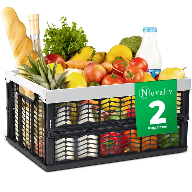Novaliv Klappboxen faltbar stabil 2x 30L Grau Schwarz baskets Einkaufskiste Klappkisten Set Tragebox Aufbewahrung Einkaufskörbe Körbe Aufbewahrung Küche