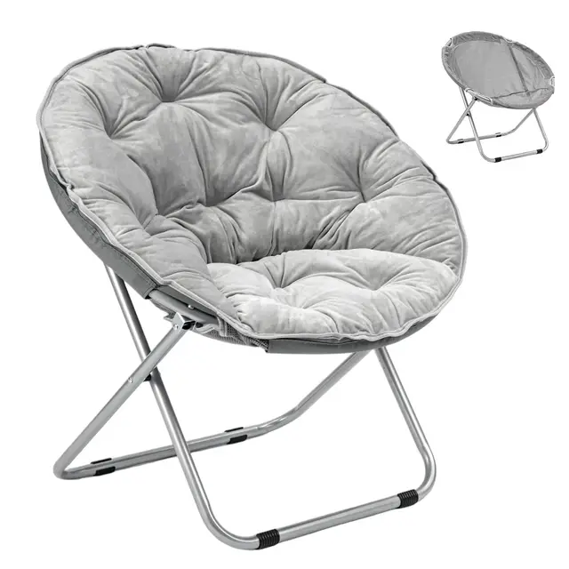 Runder Klappsessel Plüsch – Klappbarer Loungesessel mit Abnehmbarem Bezug, Bequemer Relaxsessel für Wohnzimmer & Schlafzimmer, Mondsessel Lesesessel (Gray)