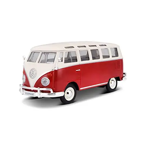 Maisto VW Bus Samba Modellauto im Maßstab 1 25, Türen und Heckklappe zum Öffnen, 20 cm, Farbe wird nach dem Zufallsprinzip versendet, Farblich Sortiert, Rot